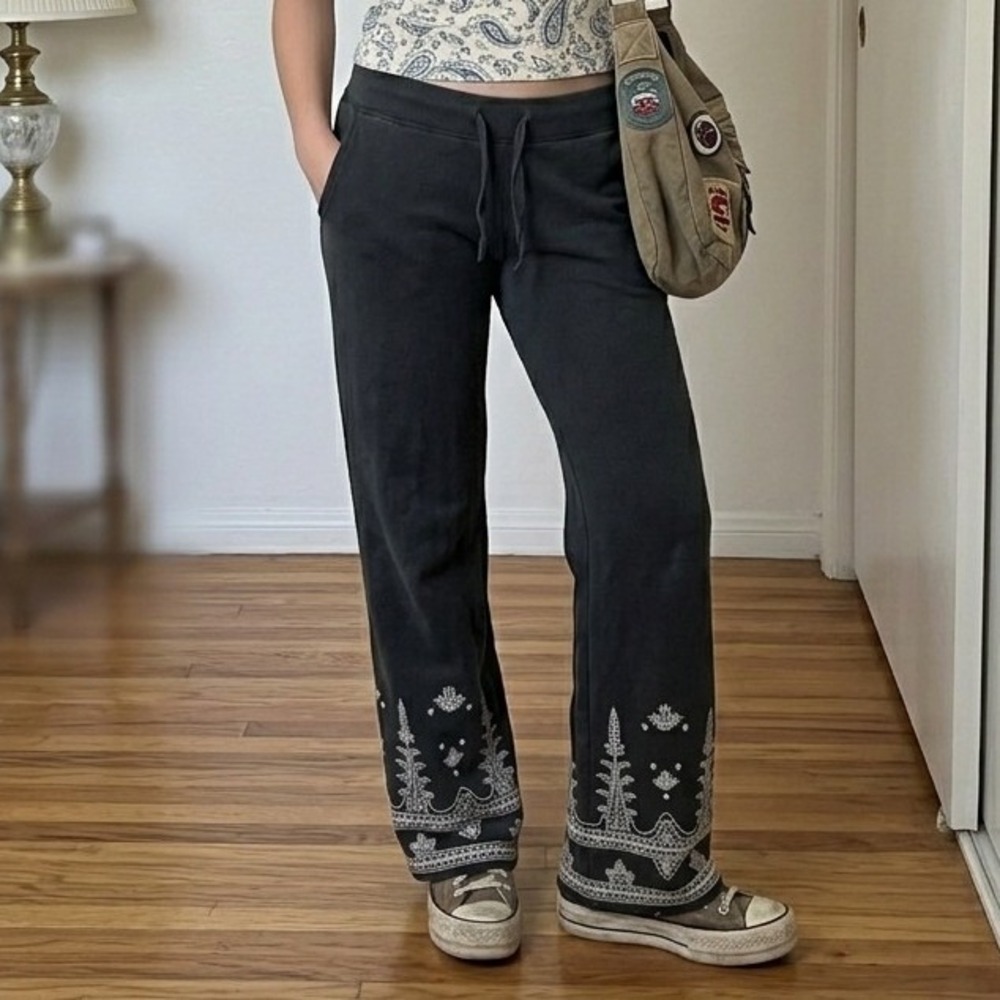 Vintage Y2K Lucky Brand Womens Pants XS Gray Embroidered Wide Leg Boho Knit